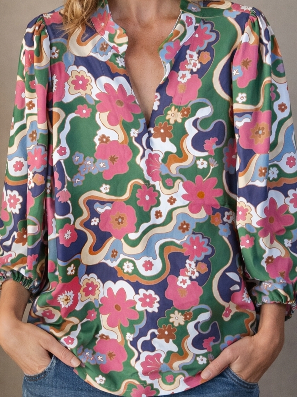 Smith And Quinn Women's Retro Floral Print 3/4 Sleeve Top; Size L